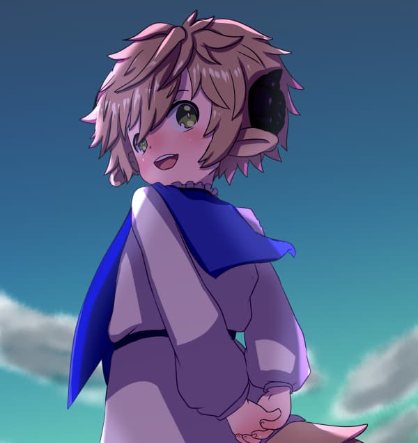 いたるイラストその５。逆光を浴びるめると。画像にタップするとPixivへリダイレクト。