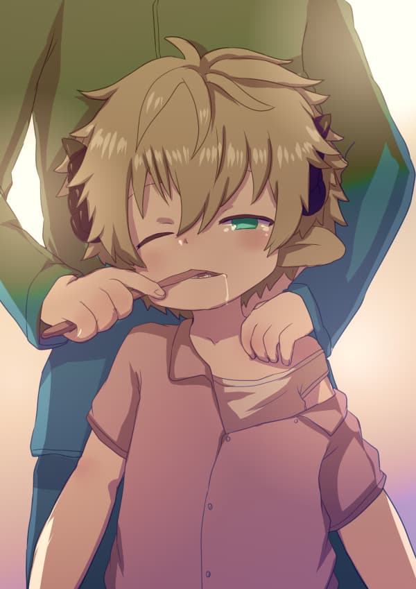 いたるイラストその６。歯磨きをされるめると。画像にタップするとPixivへリダイレクト。